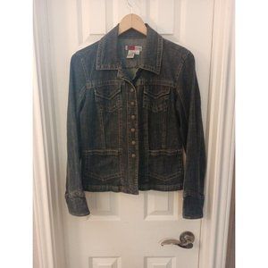 Womens Live A Little Dark Wash Stretchy Snap Button Jean Jacket W Pockets Medium